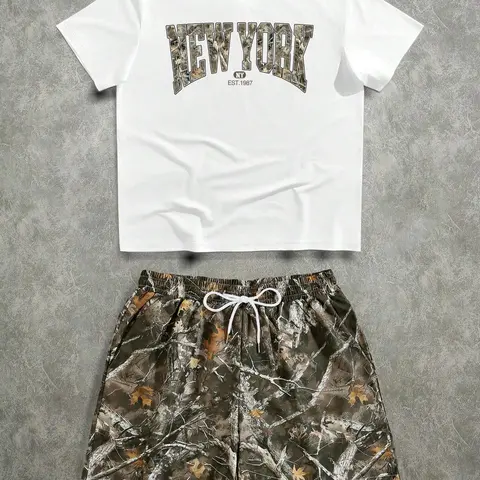 Men's Regular Fit Tree & Letter Print Short Sleeve Tee & Camo Print Shorts Two-piece Set, Casual Classic Round Neck T-shirt & Shorts, Men's Two-piece Outfits for Summer Menswear Clothes, Camouflage Shorts Set, Co Ord Set