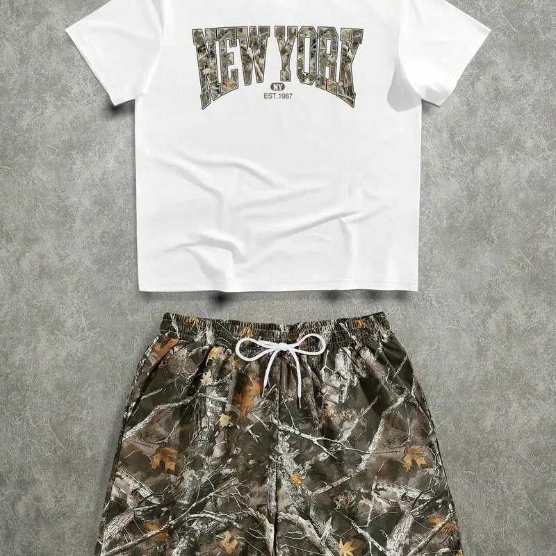 Men's Regular Fit Tree & Letter Print Short Sleeve Tee & Camo Print Shorts Two-piece Set, Casual Classic Round Neck T-shirt & Shorts, Men's Two-piece Outfits for Summer Menswear Clothes, Camouflage Shorts Set, Co Ord Set