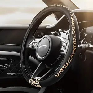 Steering Wheel Cover - Made with PVC Leather and Leopard Fabric - Universal 14 1/2 inches to 15 inches for  Automotive Steering Wheel -  Print - Black