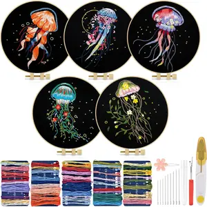 5 Sets Jellyfish Embroidery Kit for Beginners Include Embroidery Cloth Hoops Threads for Craft Lover Hand Stitch with Embroidery Skill Techniques