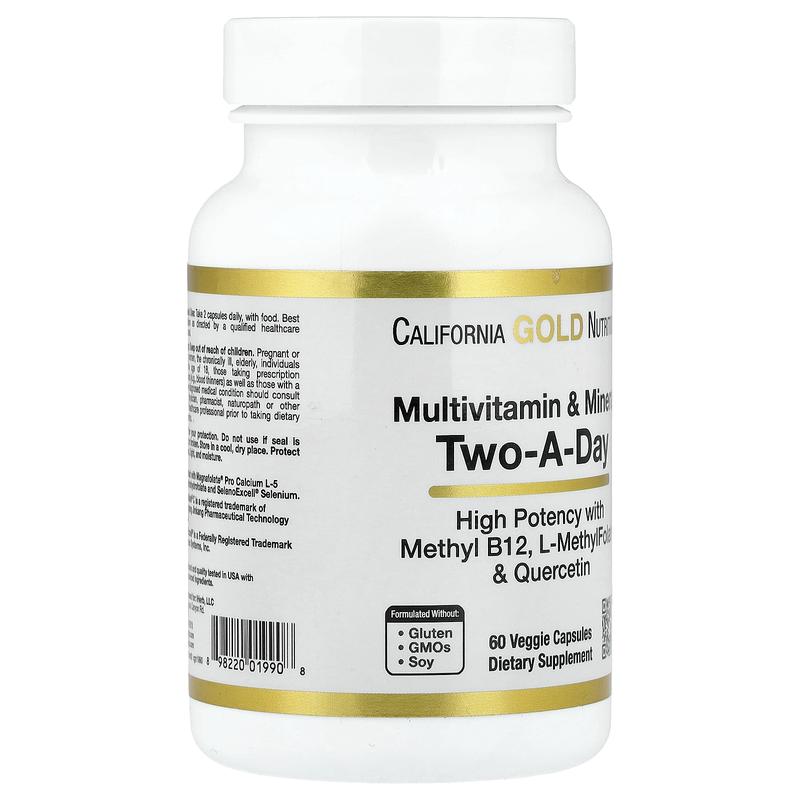 California Gold Nutrition Multivitamin and Mineral with Methyl B12, Vitamin C, L-MethylFolate and Bio-Quercetin, Two-A-Day, 60 Veggie Capsules
