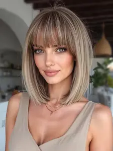 12 Inch Gold Gradient Bangs Short Straight Wig, Natural Look Full Head Synthetic Hair, Synthetic Material Wigs, Heat Resistant Fiber for Women Daily Wear, Natural Looking Wig