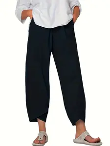 Women's Summer Casual Carrot Pants Bottom, Womenswear, Elastic Waist, Loose-Fitting, Ankle-Length, Breathable Cotton Linen, Basic, Ideal for Daily Wear, Travel, Work