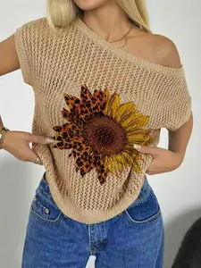 Women's Summer Beachwear Top, Asymmetrical Neck, Batwing Sleeves, Sunflower Leopard Print, Semi-Transparent, Bikini Cover-Up, Casual Knit Sweater