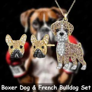 3 Pcs/Set Stylish Golden Boxing Dog Alloy Pendant Necklace & French Bulldog Stud Earrings Jewelry Set, Adorable Gift for Her/Him, Birthday Present for Family Friends