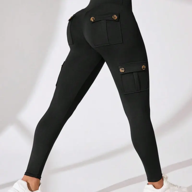 Women's Solid High Waist Pocket Sports Leggings, High Waist Activewear, Casual Comfy Breathable Skinny Pants for Yoga Gym Workout Running, Ladies Sportswear for All Seasons, Womenswear, Leggings With Pockets