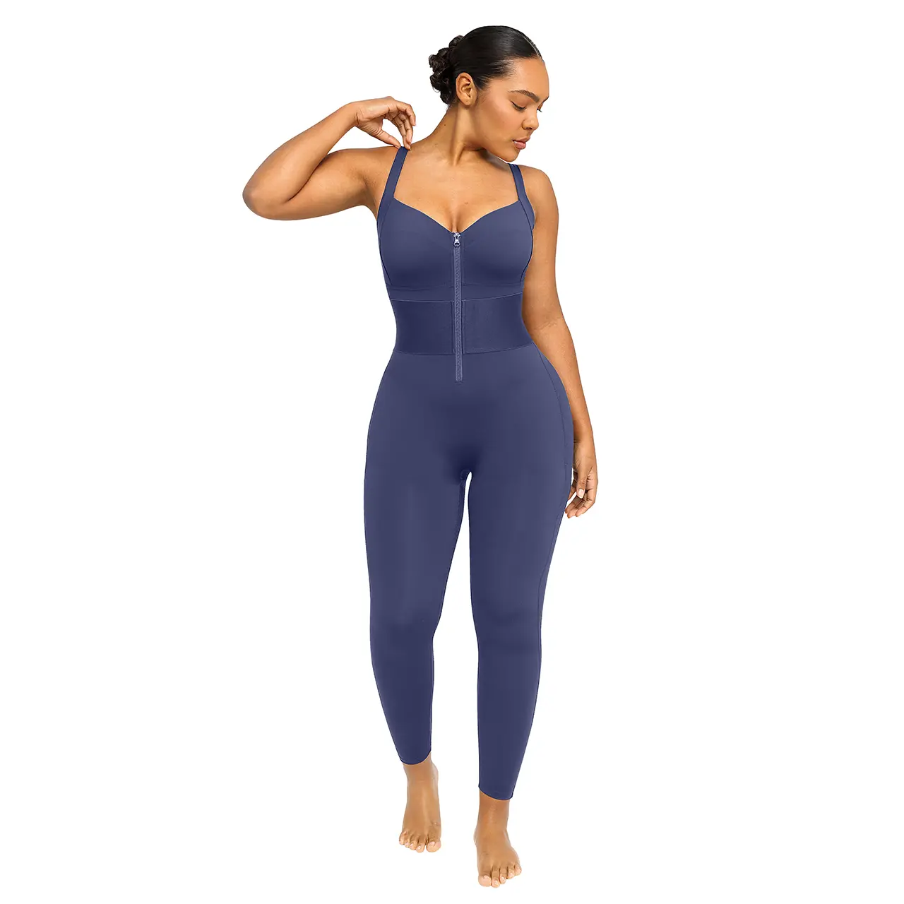 Zipper Shaping Jumpsuit-Dusty Blue
