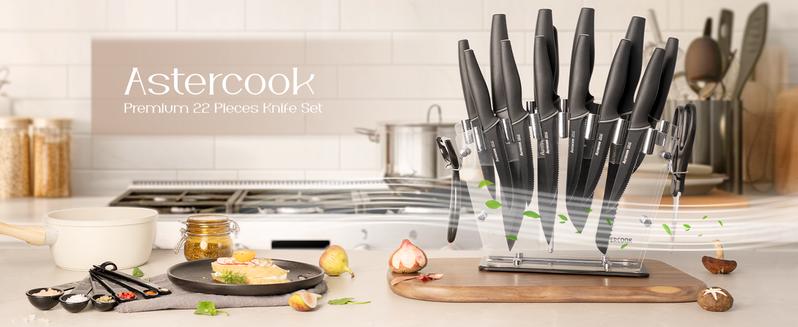 Astercook Kitchen Knife Set with Block, 17 PCS High Carbon Stainless Steel Sharp Serrated Steak Knives Set, Chef Knives, Bread Knife, knives  set