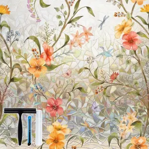 Stained Glass Window Film with Installation Tools, Rainbow Window Privacy Film  Static Cling Sun Blocking Floral Decals, 17.5 x 78.7 Inch