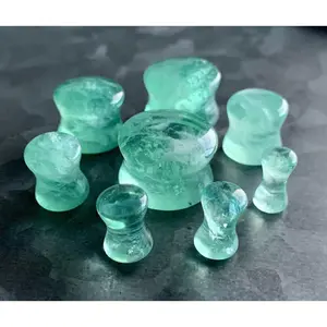 PAIR of Unique Green Fluorite Organic Stone Double Flare Plugs/Tunnels - Gauges 6g (4mm) up to 13/16" (20mm)