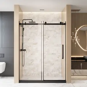 56-60" W x 76" H Frameless Single Sliding Shower Door, 1/4" (6mm) Clear Tempered Glass with Explosion Proof Film, Stainless Steel Handle, Square Tube Track, Matte Black Finish, Adjustable Width Bathroom Enclosure