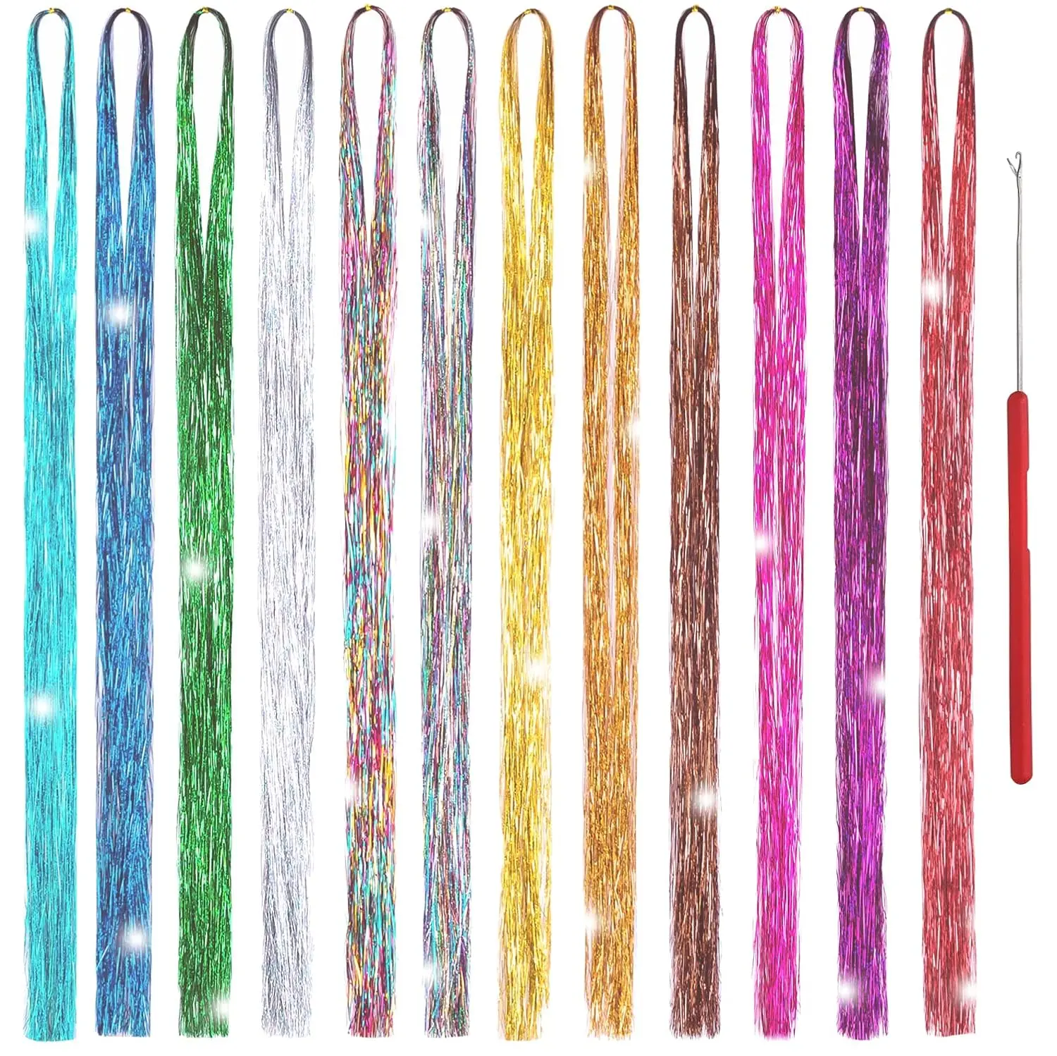 Hair Tinsel Kit 12 Colors, 2500 Strands 48 Inches Sparkling Tinsel Hair Extensions with Tool,
