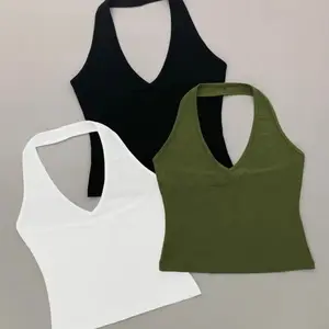 Solid Halter V-Neck Slim-fitting, Crop Top 3 pack Summer