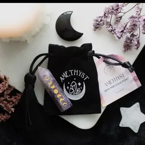 Amethyst Moon Phases Crystal Point 5cm - Elegant Black Bag with Tassel and Unique Design