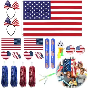 2026 World Soccer  Cup  Fan Gear Set 15 count -  Bracelets, Tattoos, Whistles, Flag, Pom Poms, Headbands, Button Pins for Soccer Party Supplies Gifts
