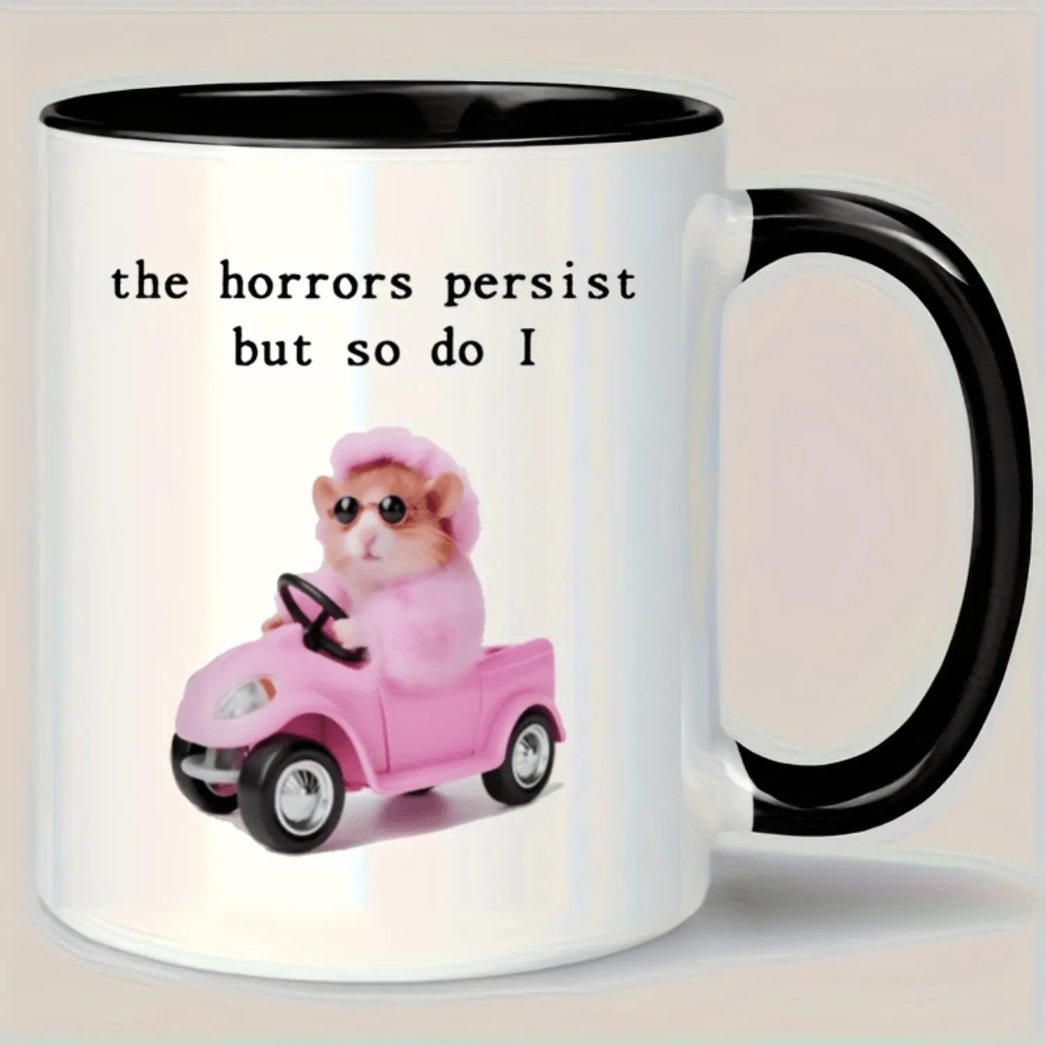 One Ceramic Coffee Mug Featuring a Humorous Pink Hamster Driving a Car, with an 11 Oz Capacity. Ideal for Both Summer And Winter Beverages, This Reusable Cup Makes a Great Gift for Various Occasions, Including Home And Party Decorations, Birthdays