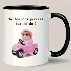 One Ceramic Coffee Mug Featuring a Humorous Pink Hamster Driving a Car, with an 11 Oz Capacity. Ideal for Both Summer And Winter Beverages, This Reusable Cup Makes a Great Gift for Various Occasions, Including Home And Party Decorations, Birthdays