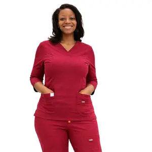 Heart Align Scrubs Classic Scrub Set – Navy/Burgundy Boot Cut Straight Leg Pants & V-Neck Top with 9 Pockets for Healthcare Professionals - Womenswear, Fabric