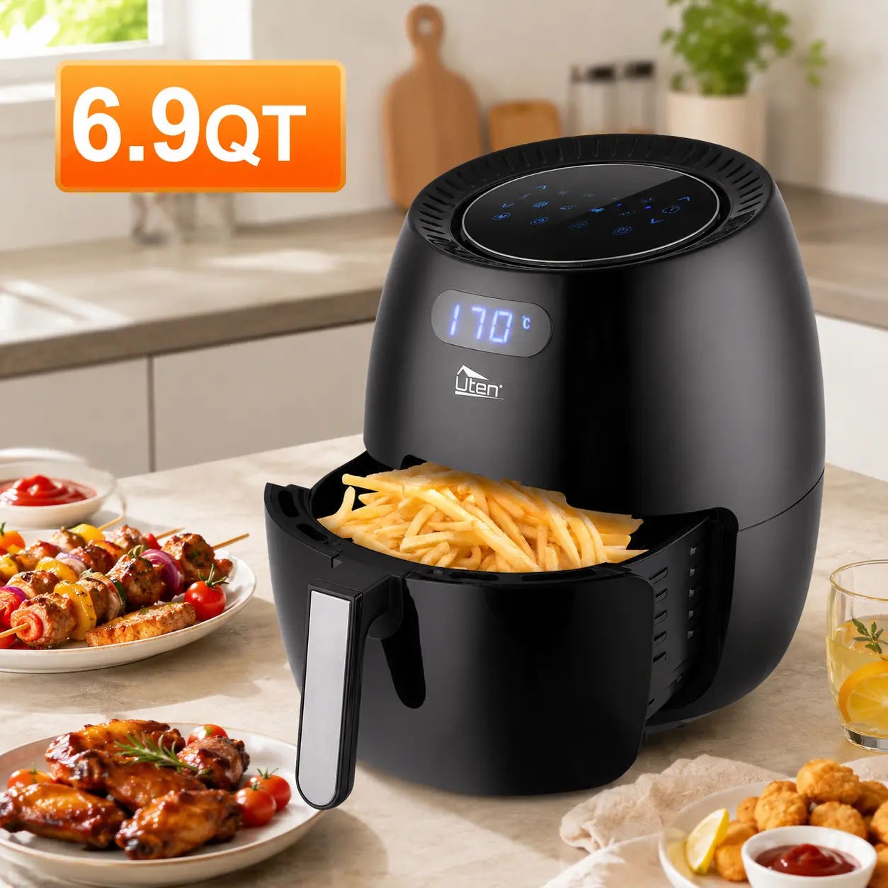 Uten 6.9QT/6.5L Air Fryer Oven, Healthy Oil-Free Cooking With Digital Touchscreen & Adjustable Temperature, 1700W Large Capacity for Family Meals