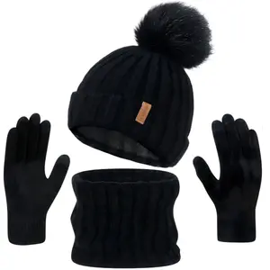 Winter Beanie Hat Scarf and Gloves Set For Men Women，Warm Beanie Hat Soft Neck Scarf and Touch Screen Gloves for Cold Weather