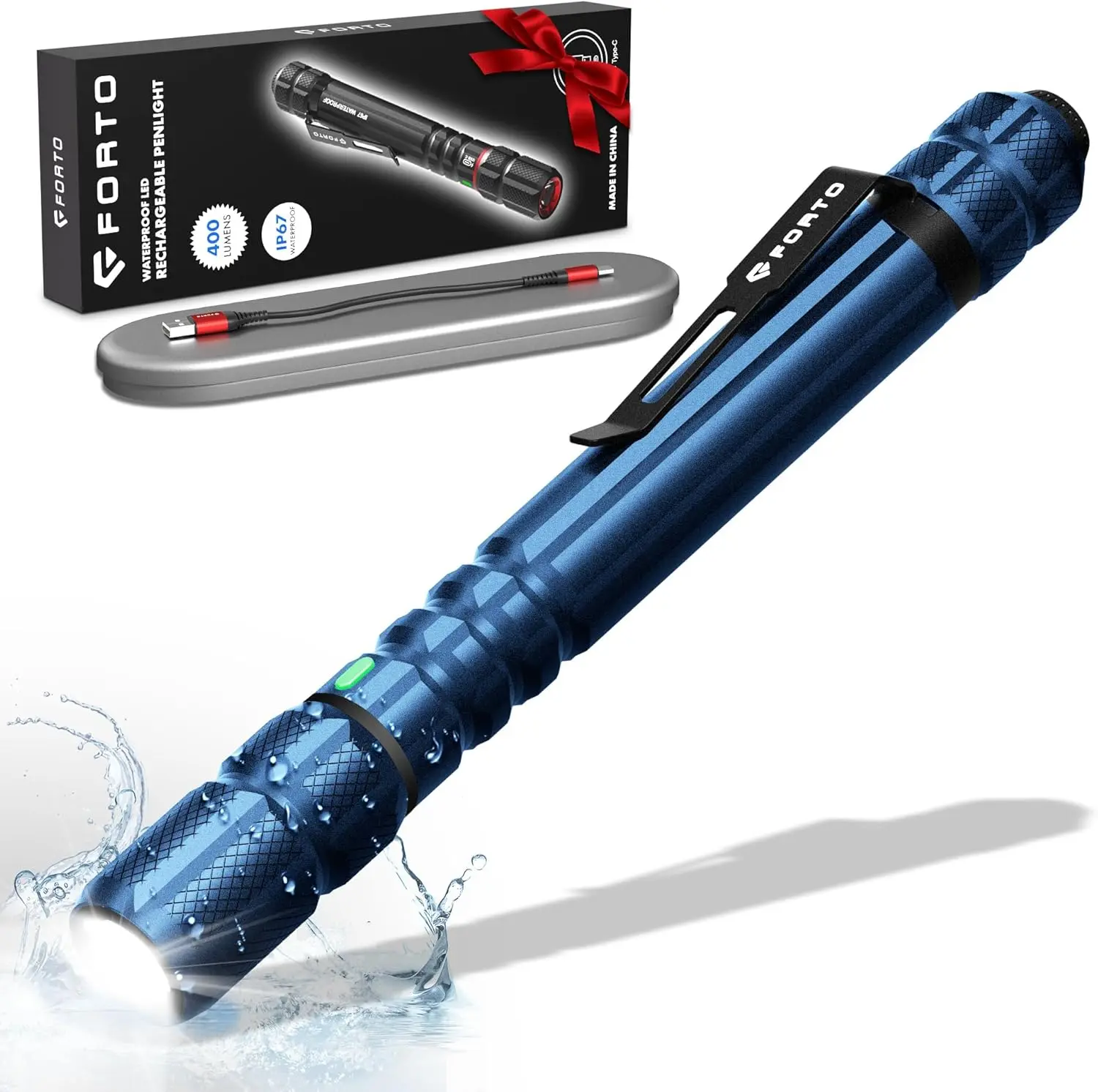 Rechargeable Pen Light Flashlight, 400 Lumens Small Pocket Flashlight with Clip, IP67 Waterproof, 2 Light Modes, 3-Color Battery Indicator, Type-C Charging, for Inspection,Emergency (Blue)