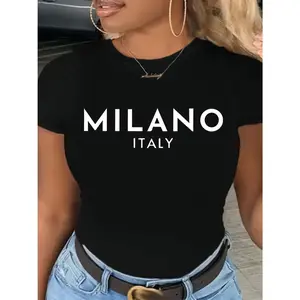 [Milano T-Shirt] Casual Black Milano Italy Letter Print T-Shirt | Short Sleeve Top for Women, Machine Washable, Crew Neck