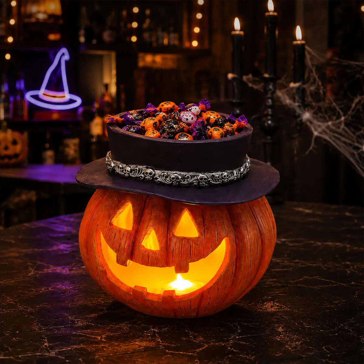 Halloween Pumpkin Candy Bowl with Witch Hat, Light Up Jack O Lantern, Spooky Trick or Treat Candy Storage Container, Festive Tabletop Snack Bowl, Decorative Halloween Party Centerpiece for Home Indoor Table Holiday Decor