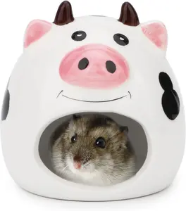 Small Animal Hideout Ceramic House Critter Bath House Cave Mini Hut Cage for Dwarf Hamster (White)