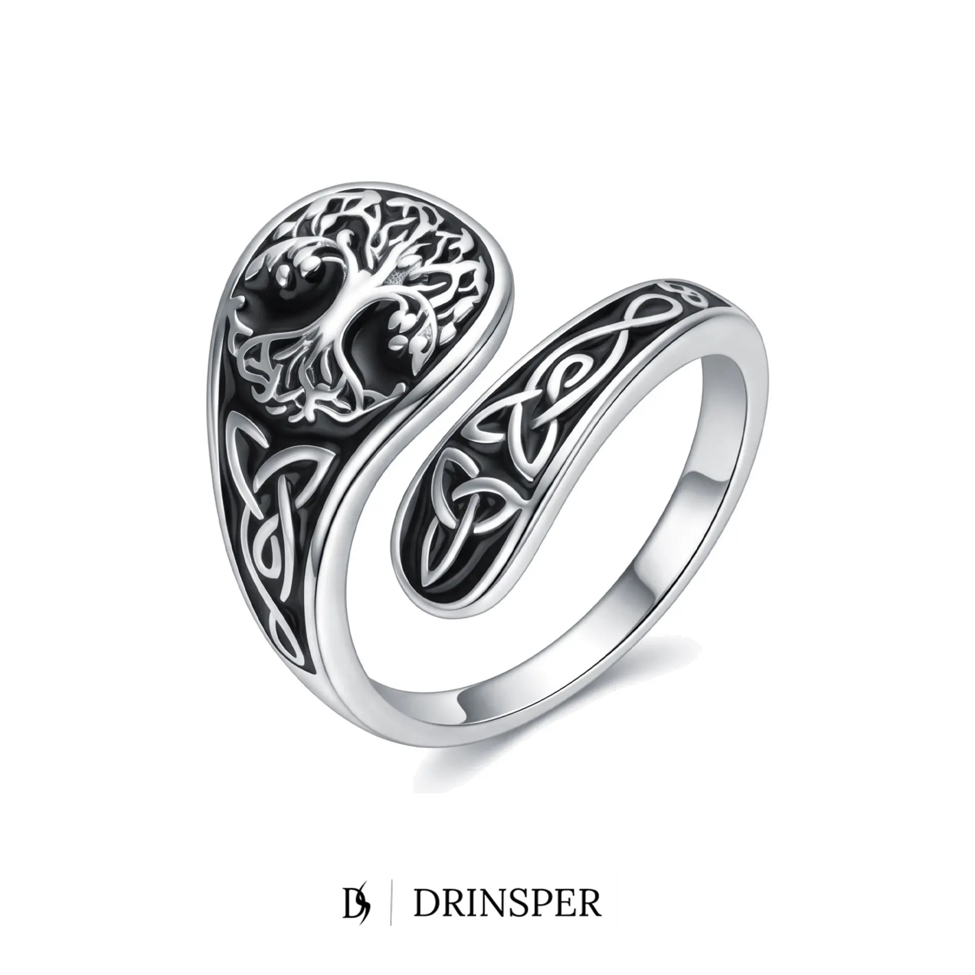 DRINSPER Celtic Tree of Life Adjustable Ring for Women Men, Silver-Plated Copper Open Ring with Black Enamel, Celtic Knot Yggdrasil Tree Jewelry, Fits US Ring Sizes 6.5-8.5, Symbolic Gift for Celtic Jewelry Lovers