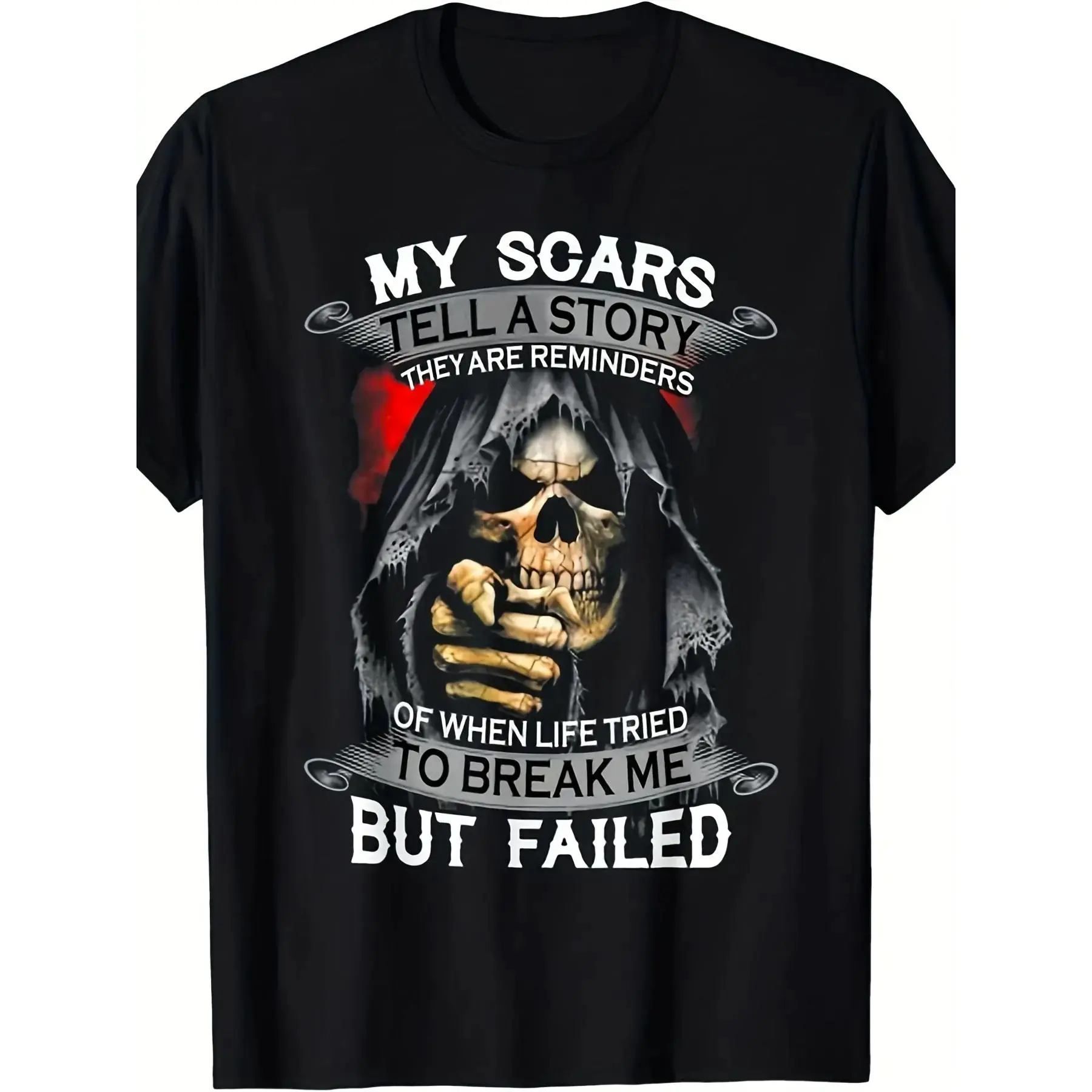 Men'S Vintage Gothic "My Scars Tell A Story" Graphic T-Shirt -  Breathable Crew Neck, Edgy Skull & Bandaged Wound Design with Inspirational Quote, Regular Fit Casual & Festival Wear, Machine Washable All-Season (S-5XL) - Statement unisex wide-shoulder fit