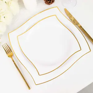 10-Pack Plastic Square Dessert Plates 8" White with Gold Wavy Rim Modern - Disposable Salad Appetizer Party Plates for Stylish Events & Banquets