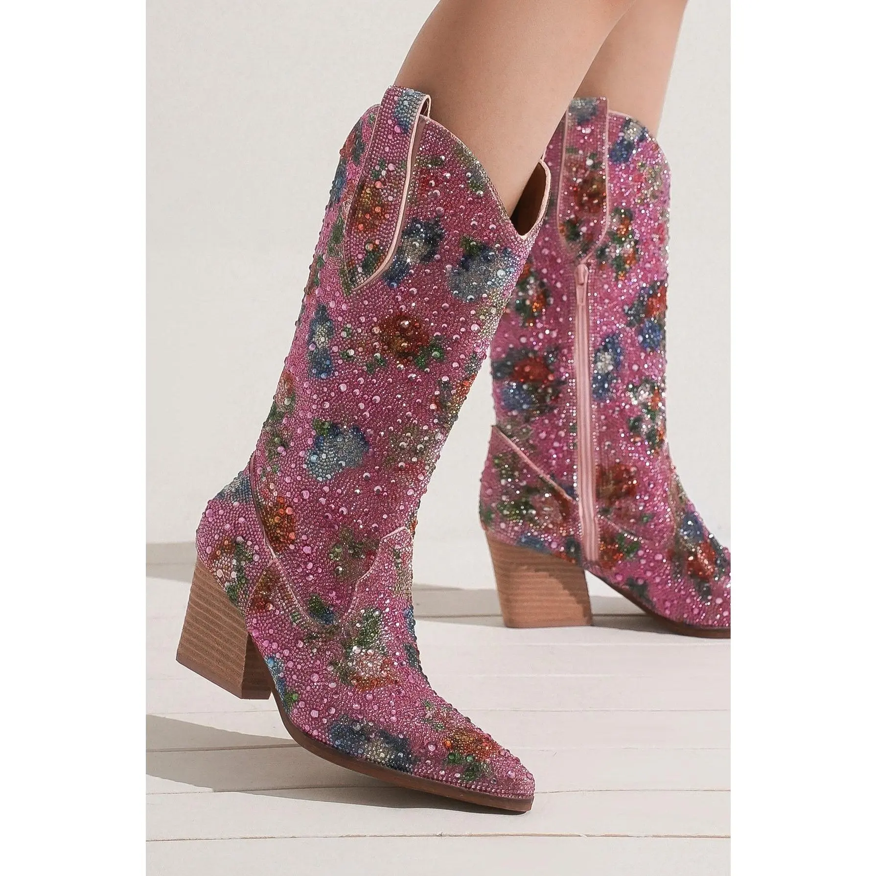 Women's Stylish HAZEL-15-R3 Floral Rhinestone Boots - Pink Fabric Embellished with Rhinestones, Stacked Leather Heel, Side Zipper for Easy Wear Party Shoe & Footwear