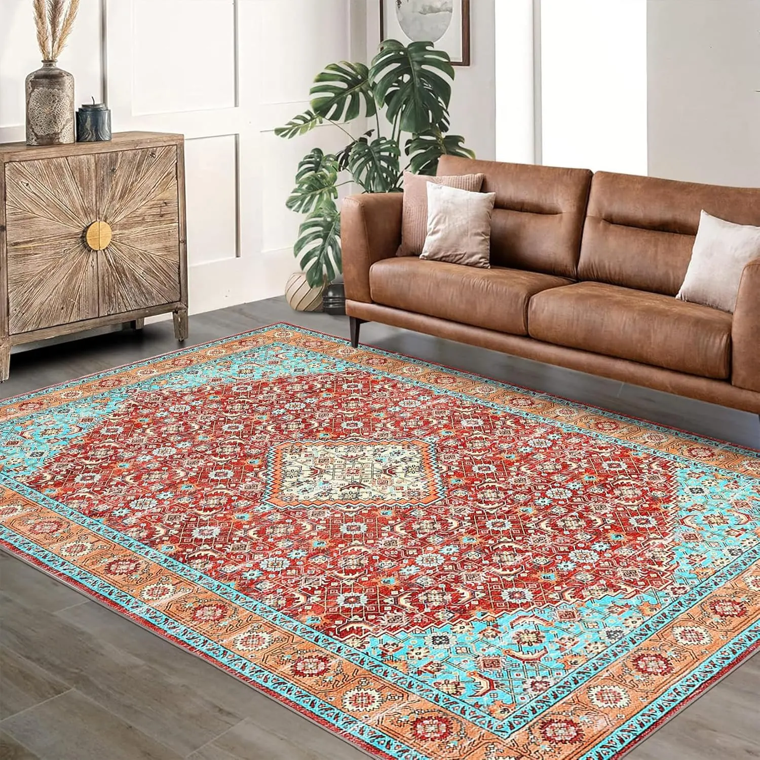 GARVEE 6x9 Ft Rug for Living Room - Vintage Area Rug, Retro Floral Print, Soft Touch, Non Slip Stain-Resistant Carpet for Bedroom & Dining Room, Red and Green