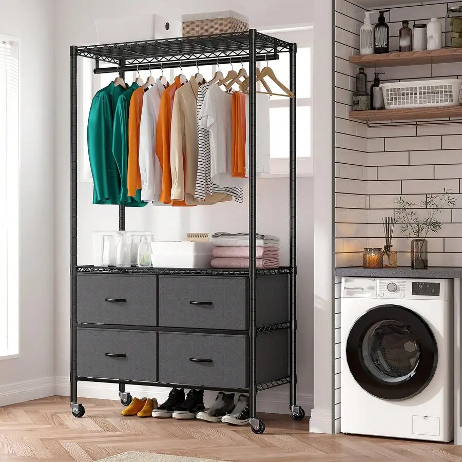 Heavy Duty Tall Rolling Clothes Rack with 4 Drawers, Freestanding Adjustable Wardrobe Closet with Sliding Sleeve Locking System, Closet Storage Solution for Bedroom, Garage, Balcony, Laundry Room, Black