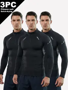 Men's 3-Piece Zipper Compression Long-Sleeved Top Set - Mesh Breathable, Quick-Drying, 4-Button Reflective Details, Inner Layer, Suitable for Running & Gym Workouts