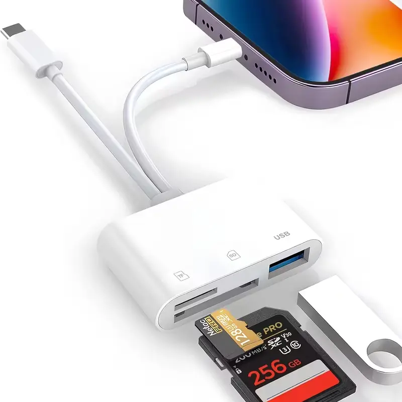 3 in 1 USB C & Lightning SD Card Reader, Memory Card Adapter for iPhone 16/15/14, iPad, MacBook, Supports SD, Micro SD, USB Flash Drive, Camera Photo Transfer