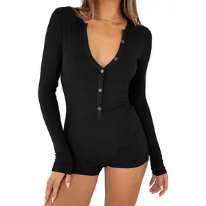 Women's 2025 Spring Sexy V Neck Long Sleeve Shorts Romper One Piece Jumpsuit Pajama Set Gym Bodysuit
