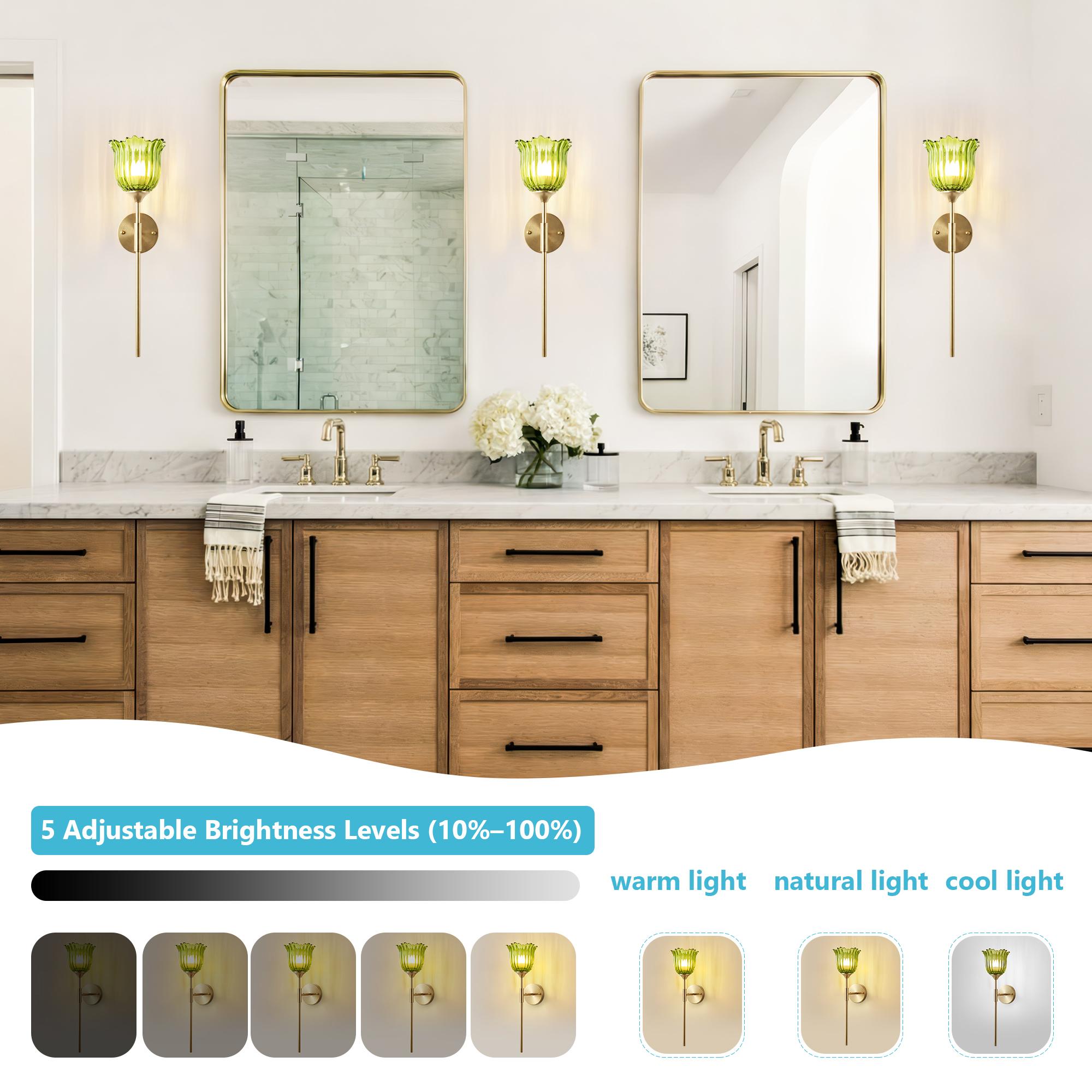 2-Pack Gold Wall Sconces with Green Glass Shade, Hardwired Indoor Wall Light Fixtures, Rechargeable RGB Magnetic Bulbs with Remote Control, 3Temperatures for Living Room, Bedroom, Hallway, Dining Room