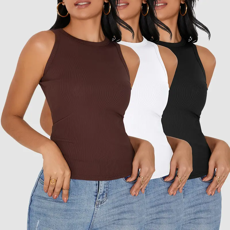 Veldtholos Women's 3-Piece Set Knitted Cowl High Neck Ribbed Racerback Slim Fit Sleeveless Athletic Tank Tops - All Seasons Outdoor Workout, Party Wear - Denim, Pants, Women's Cardigan Pairing Options, Beach Ready
