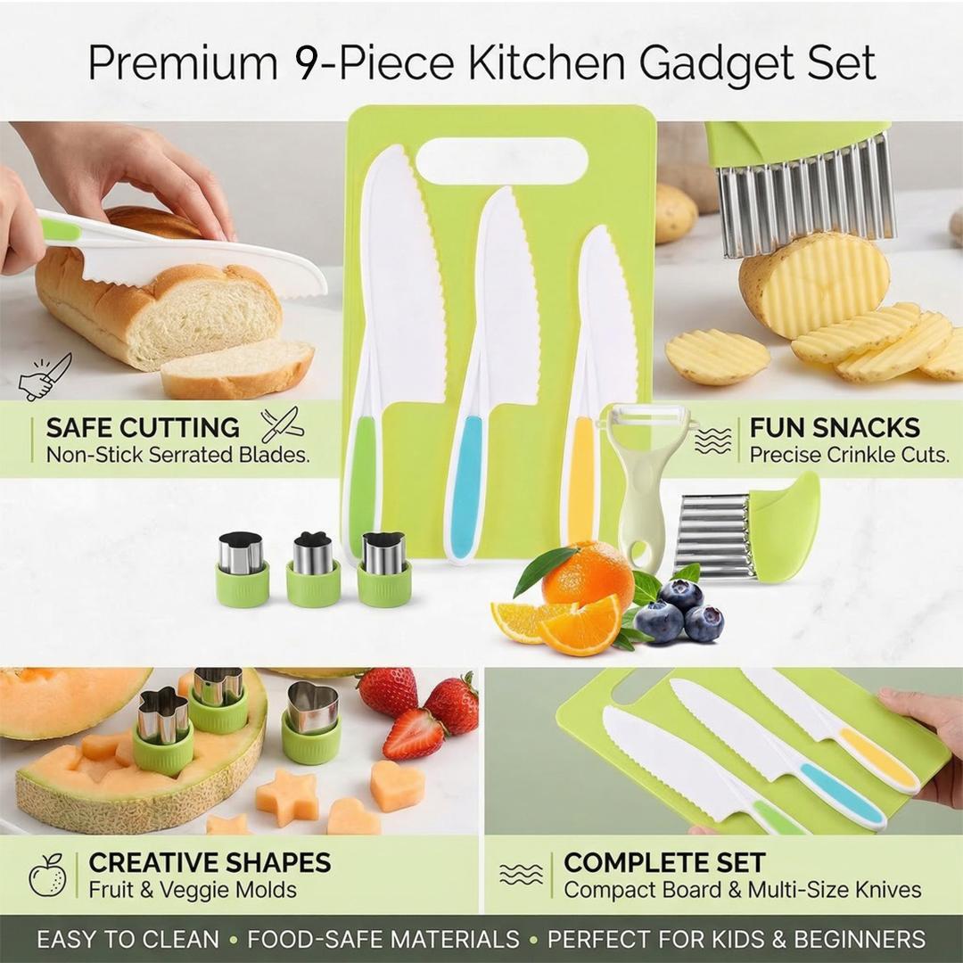 9 Pcs Montessori Kitchen Tools for Kids, Toddler Knife Set with Cutting Board, Peeler, Crinkle Cutter & Cookie Cutters, Safe Plastic Knives for Real Cooking & Baking