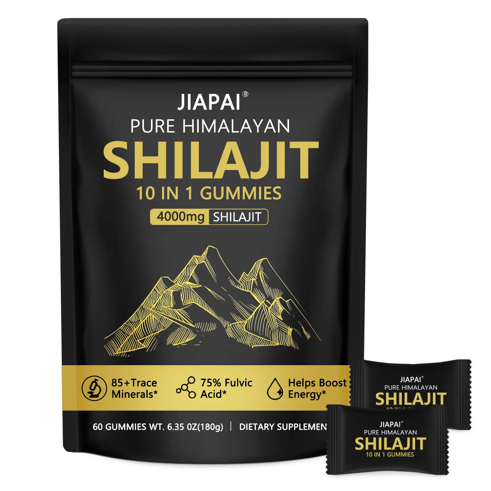 JIAPAI Pure Himalayan Shilajit Gummies 4000mg 85 Trace Minerals Ashwagandha Gokshura Vegan Energy Supplement No Sugar 100% Natural 60 Count