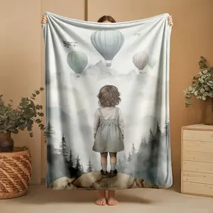 1 piece A girl gazes into the dreamy valley of hot air balloons and vintage airplanes. themed flannel blanket - Flannel woven blanket in modern style, suitable for sofas and beds, all-season use, super soft and comfortable, digitally printed