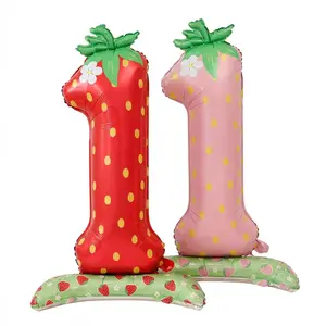 1pcs 42 Inch Standing Strawberry Theme Number 1 Aluminium Foil Balloon, Matte Cream Strawberry Birthday Party Decoration, Wedding Anniversary Festive Decor