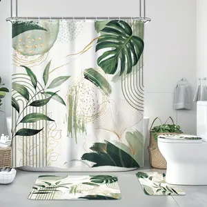 4PCS Sage Green Boho Tropical Leaves Shower Curtain Set, Abstract Mid-century Modern waterproof bathroom curtain with 12 hooks, bathroom non-slip floor mat, toilet U-shaped mat, cover mat, bathroom home decor accessories Multicolor