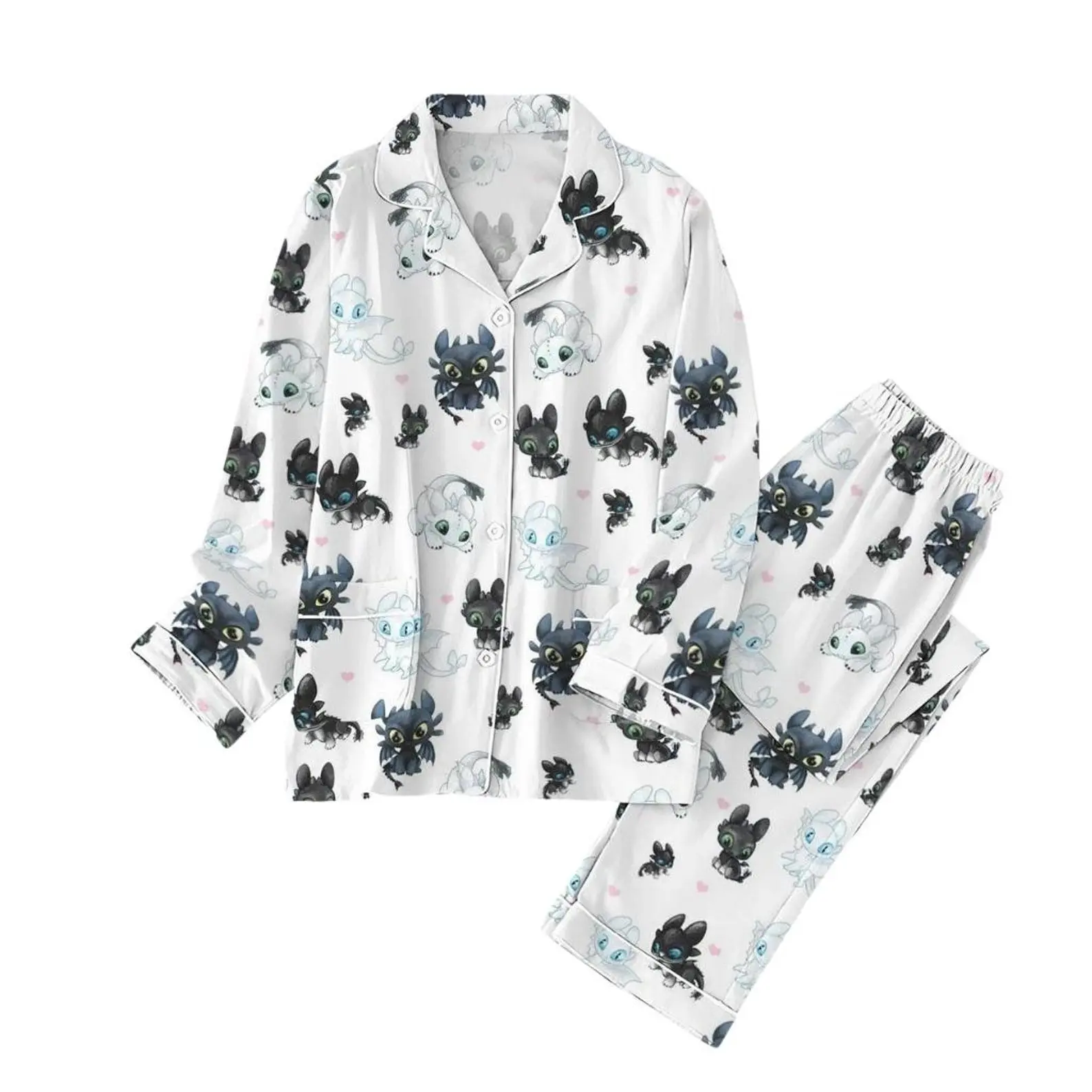 Cute Cartoon Dragon Satin Pajama Set for Women with Toothless and Light Fury Print, Long Sleeve White Sleepwear Set for Cozy Nights or Gifts
