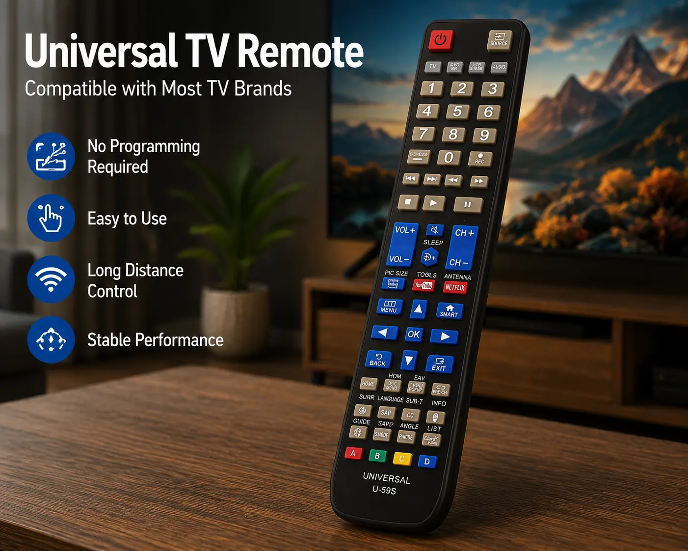 U-59S Universal Remote Control for Smart TV, LED LCD TV, Streaming, DVD/Blu-Ray, Home Theater & Soundbar – Multi-Function Replacement Remote with Netflix, YouTube & Prime Video Buttons