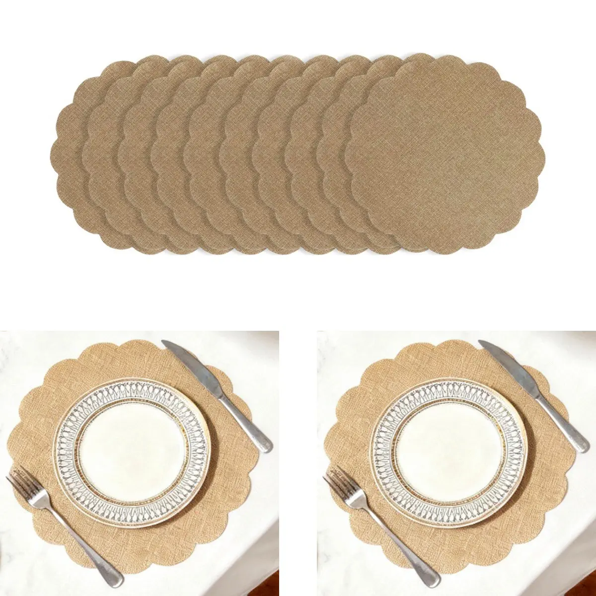12pc Round Floral Jute Table Mats, 12.99 Inch Rustic Linen Placemats, Household Placemat, Kitchen Decorative Placemat, Bulk Farmhouse Decor, Wedding Mat, Boho Style, Boho Placemats Set, Floral Pattern Placemat, Reusable
