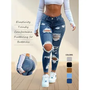 Women’s high-waisted ripped skinny stretch jeans, elastic vintage denim stretch jeans, butt-lifting design, casual fashion for everyday wear