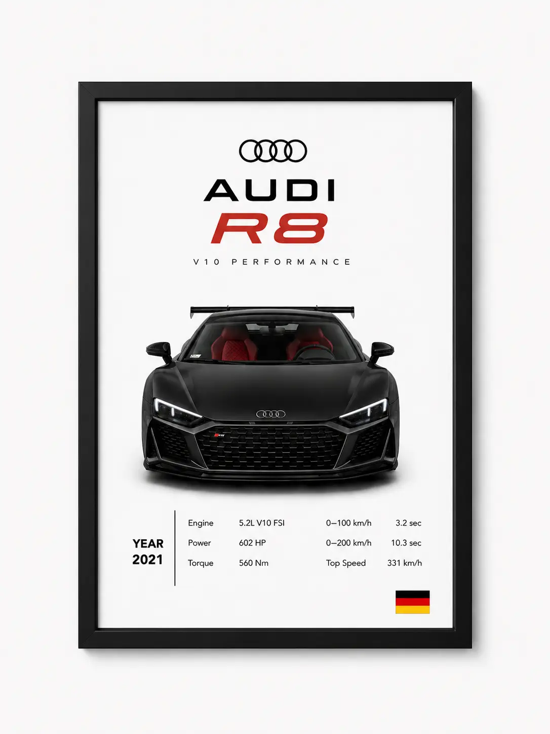 Audi R8 Framed Poster, Luxury High-Grade Durable Paper Wall Art Decoration, Photo for Car Lovers' Room Gift, Black Frame Home Decor, Artistic