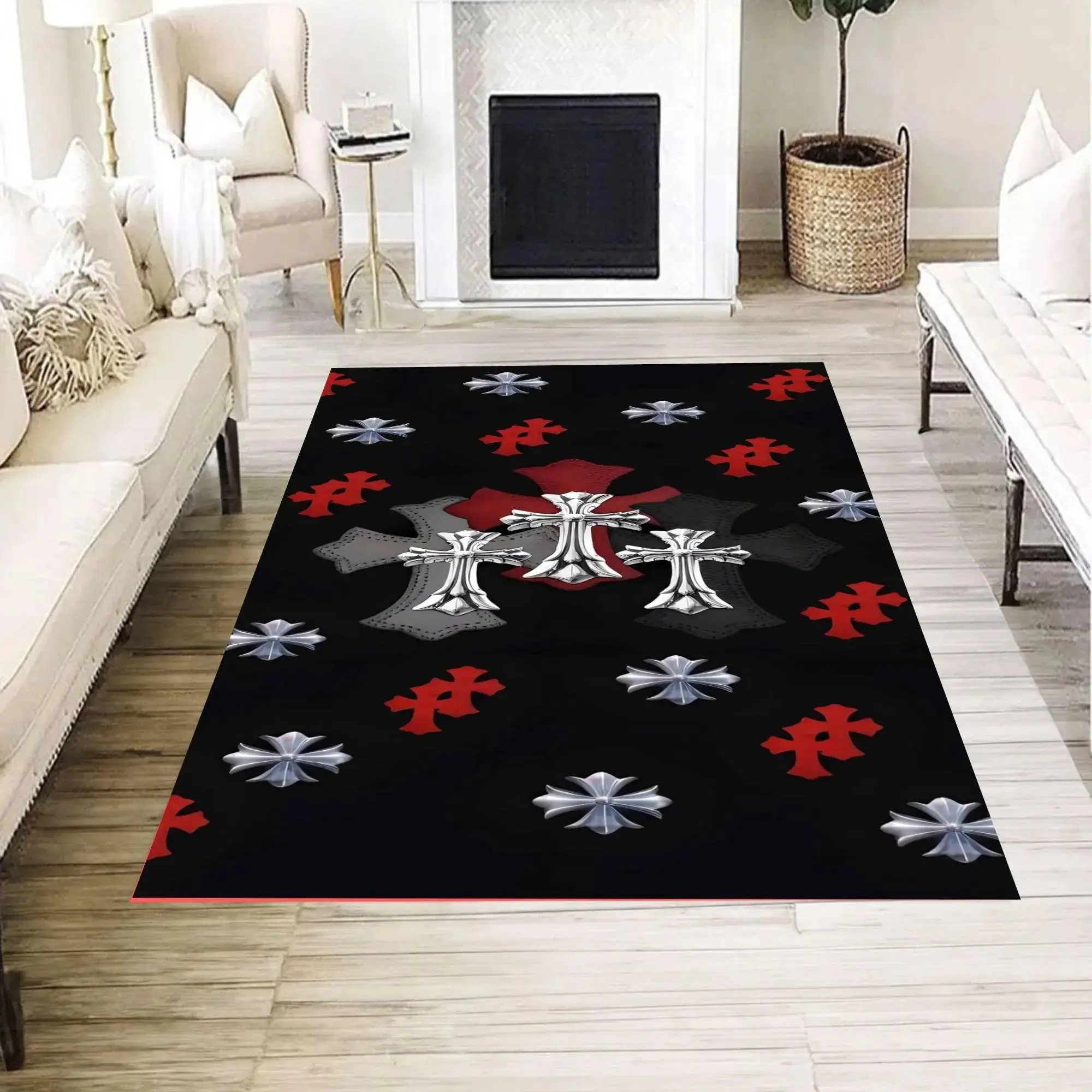 Gothic Cross Pattern Area Rug, Black-Red-Silver Symbolic Motif, Living Room Floor Decor Carpet